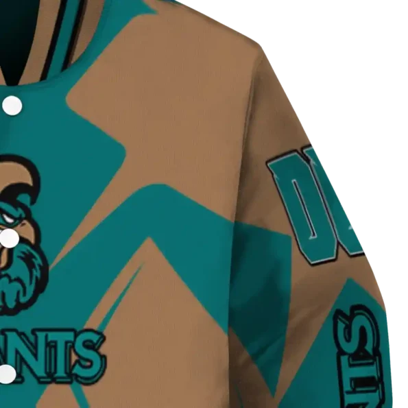 personalized coastal carolina chanticleers spider mark green gold varsity jacket premium grade.webp
