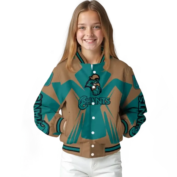 personalized coastal carolina chanticleers spider mark green gold varsity jacket top rated.webp