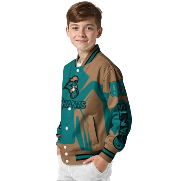 personalized coastal carolina chanticleers spider mark green gold varsity jacket trendy.webp