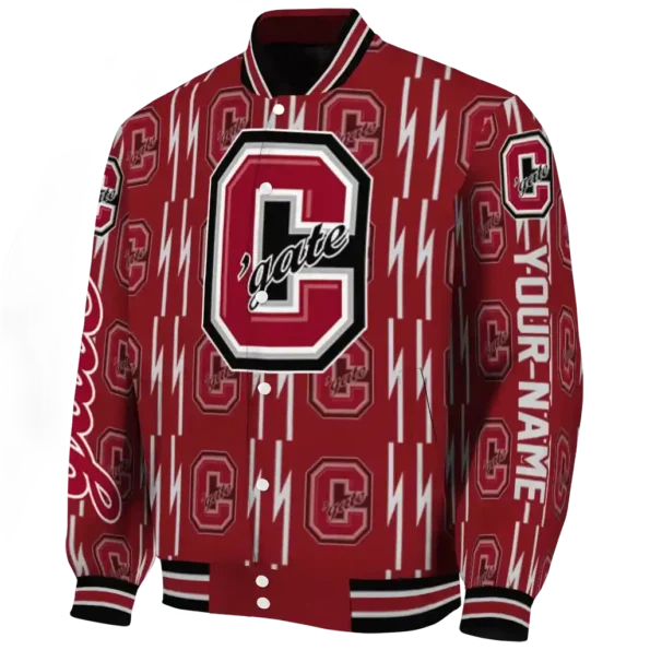 personalized colgate raiders bolt stripe maroon varsity jacket best selling