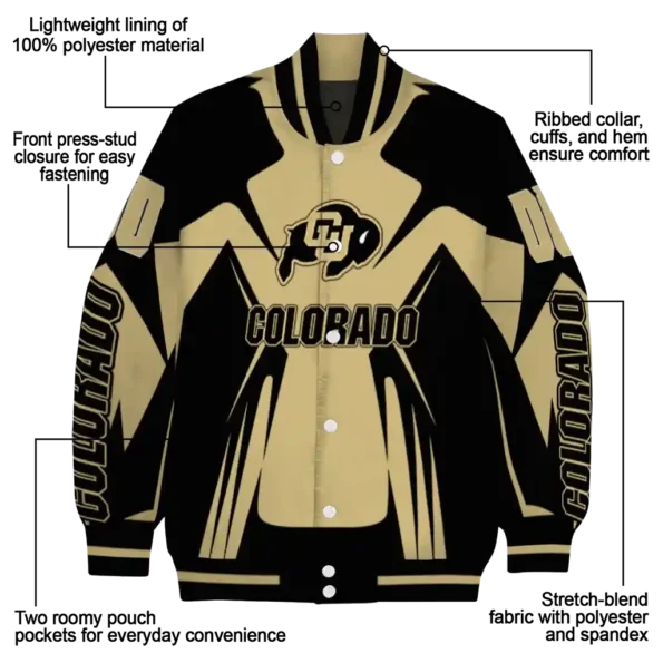 personalized colorado buffaloes spider mark gold black varsity jacket new arrival.webp