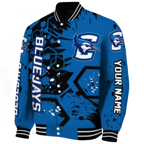 personalized creighton bluejays hexagon cluster blue black varsity jacket best selling