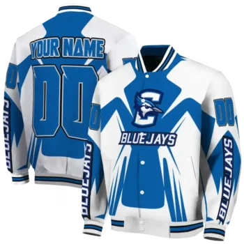 personalized creighton bluejays spider mark blue white varsity jacket fashion forward.webp