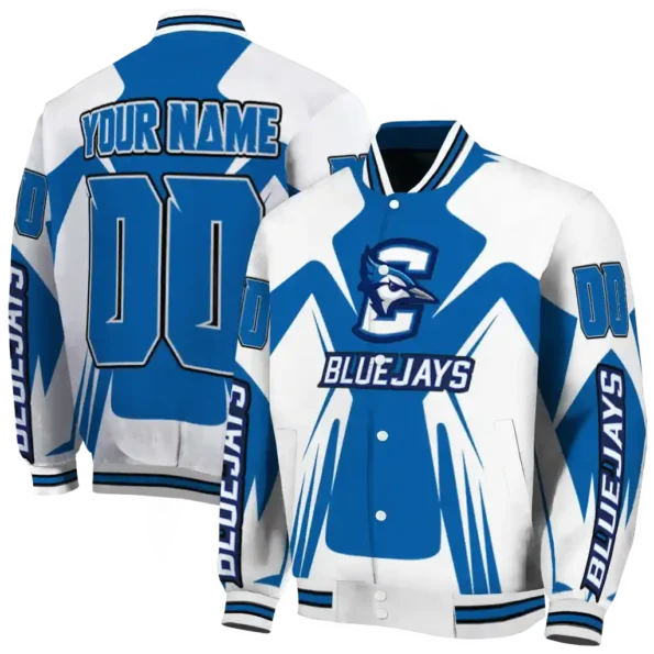 personalized creighton bluejays spider mark blue white varsity jacket fashion forward.webp