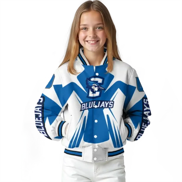 personalized creighton bluejays spider mark blue white varsity jacket top rated.webp