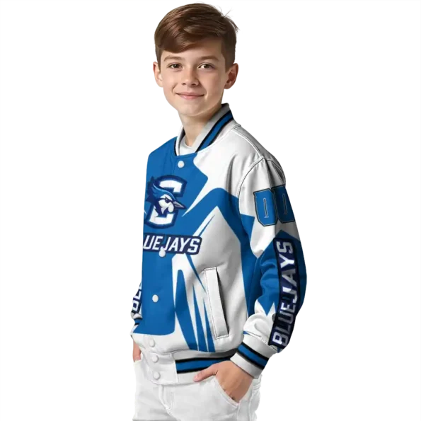 personalized creighton bluejays spider mark blue white varsity jacket trendy.webp