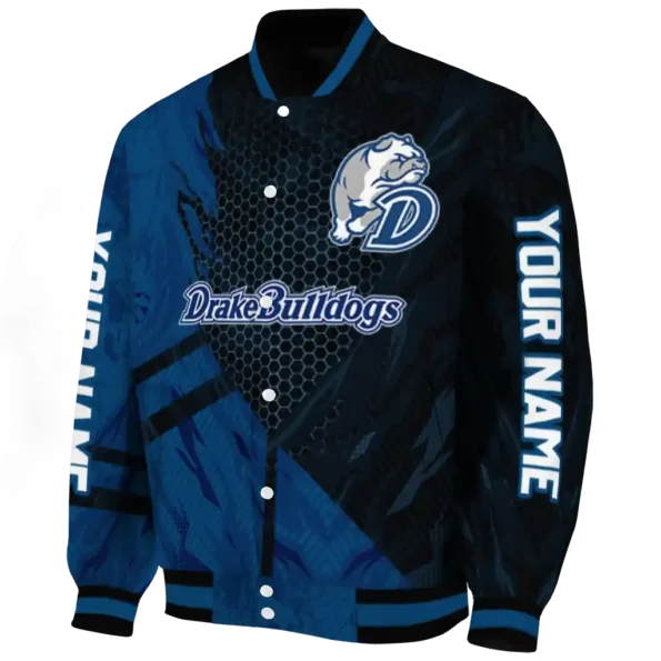 personalized drake bulldogs hexagon mesh blue black varsity jacket best selling