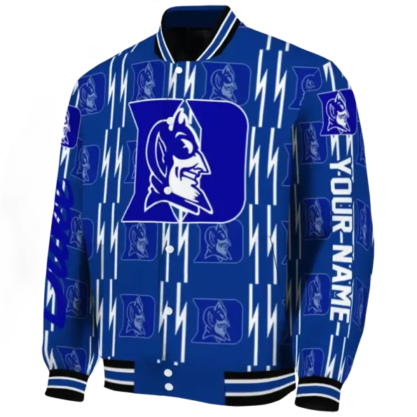 personalized duke blue devils bolt stripe blue varsity jacket best selling