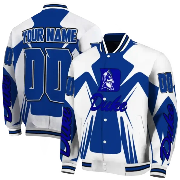 personalized duke blue devils spider mark blue white varsity jacket fashion forward.webp