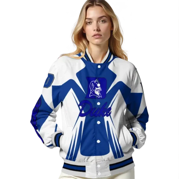 personalized duke blue devils spider mark blue white varsity jacket latest model.webp