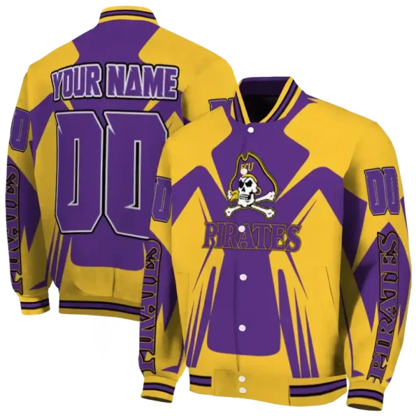 personalized east carolina pirates spider mark purple gold varsity jacket fashion forward.webp