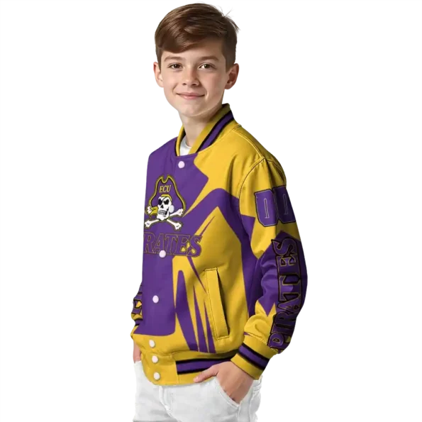 personalized east carolina pirates spider mark purple gold varsity jacket trendy.webp