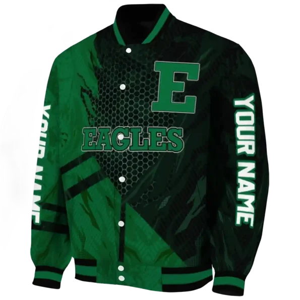 personalized eastern michigan eagles hexagon mesh green black varsity jacket best selling