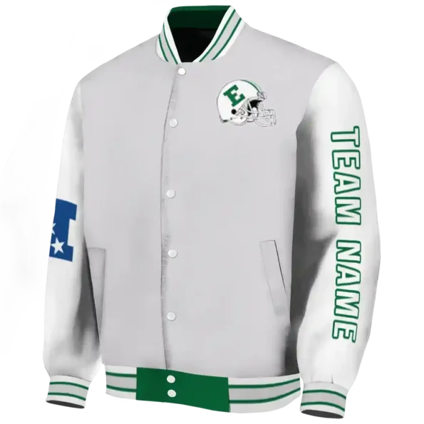 personalized eastern michigan eagles speckled arms green gray varsity jacket best selling