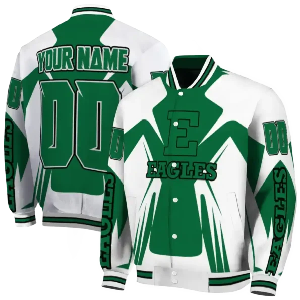 personalized eastern michigan eagles spider mark green white varsity jacket fashion forward.webp