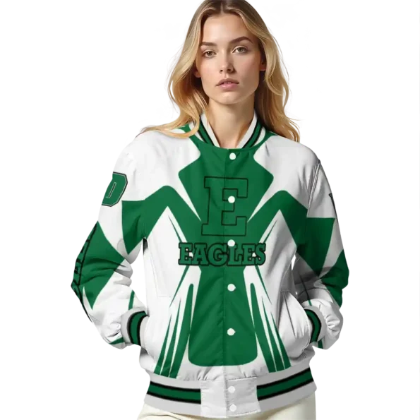 personalized eastern michigan eagles spider mark green white varsity jacket latest model.webp