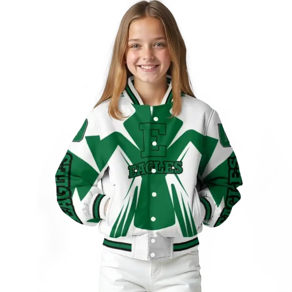 personalized eastern michigan eagles spider mark green white varsity jacket top rated.webp
