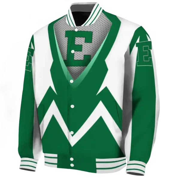 personalized eastern michigan eagles v stripes green white varsity jacket best selling