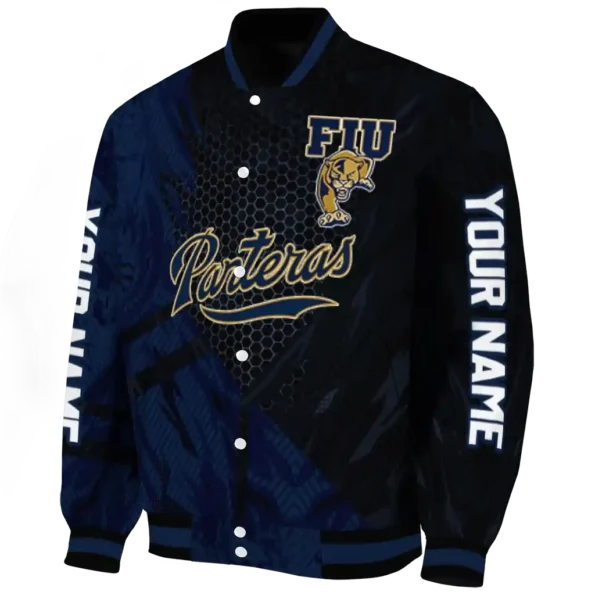 personalized fiu panthers hexagon mesh blue black varsity jacket best selling