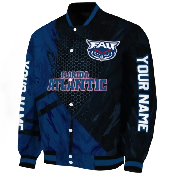 personalized florida atlantic owls hexagon mesh blue black varsity jacket best selling