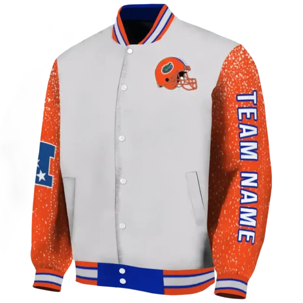personalized florida gators speckled arms blue gray varsity jacket best selling