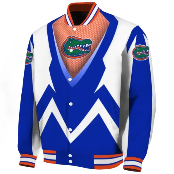 personalized florida gators v stripes blue white varsity jacket best selling