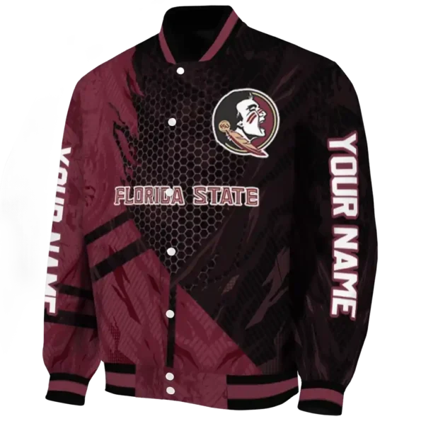 personalized florida state seminoles hexagon mesh garnet black varsity jacket best selling