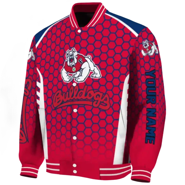 personalized fresno state bulldogs hexagon grid red varsity jacket best selling