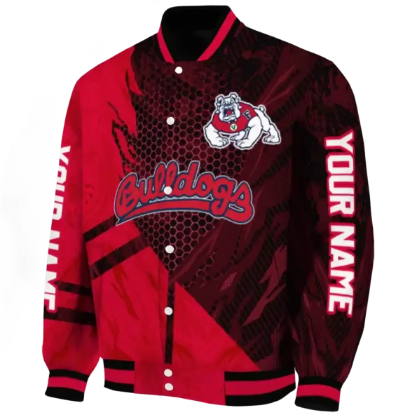 personalized fresno state bulldogs hexagon mesh red black varsity jacket best selling