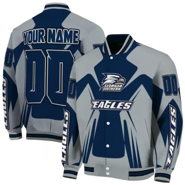 personalized georgia southern eagles spider mark blue grey varsity jacket fashion forward.webp