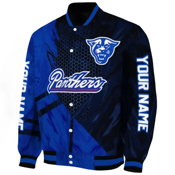 personalized georgia state panthers hexagon mesh blue black varsity jacket best selling