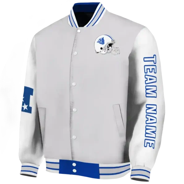 personalized georgia state panthers speckled arms blue gray varsity jacket best selling