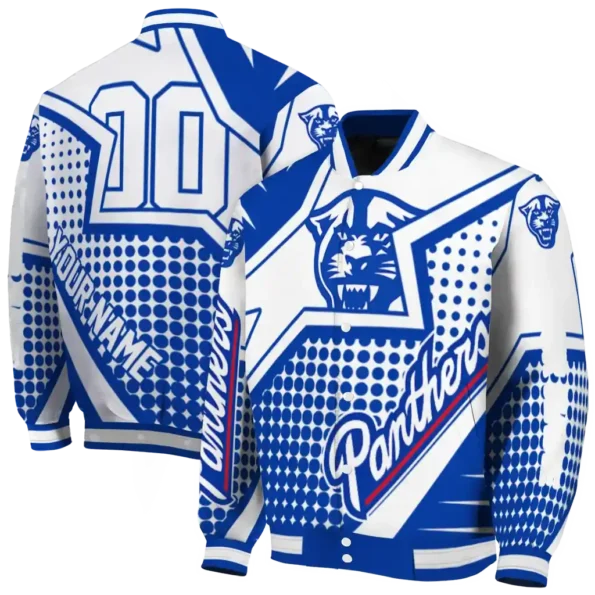personalized georgia state panthers star burst blue varsity jacket fashion forward.webp