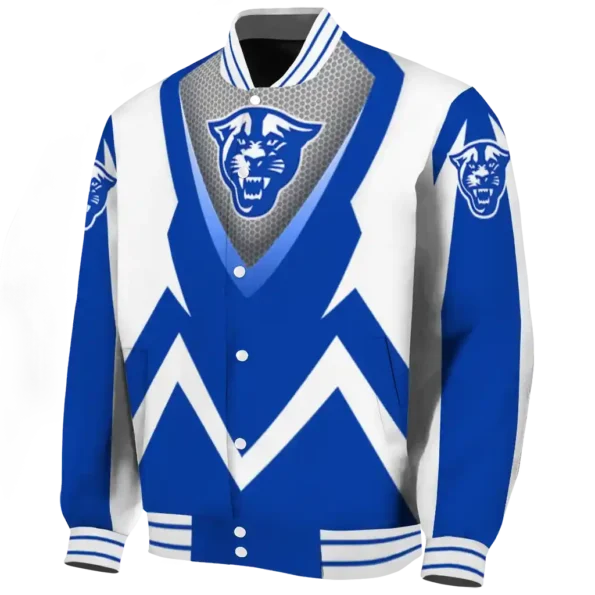 personalized georgia state panthers v stripes blue white varsity jacket best selling