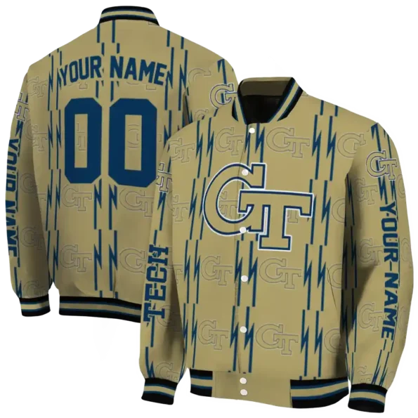 personalized georgia tech yellow jackets bolt stripe gold varsity jacket fashion forward.webp