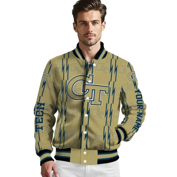 personalized georgia tech yellow jackets bolt stripe gold varsity jacket high quality.webp