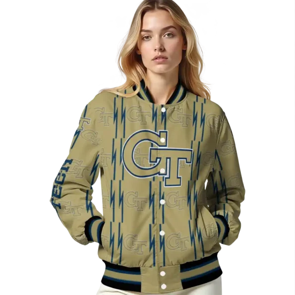 personalized georgia tech yellow jackets bolt stripe gold varsity jacket latest model.webp