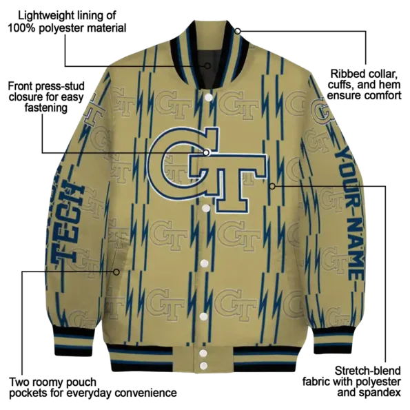 personalized georgia tech yellow jackets bolt stripe gold varsity jacket new arrival.webp
