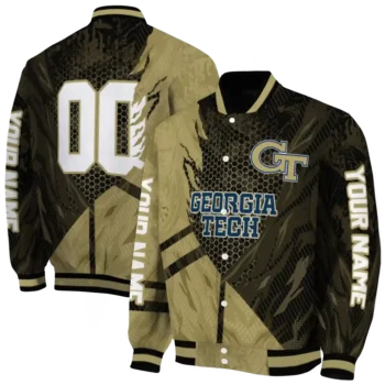 personalized georgia tech yellow jackets hexagon mesh gold black varsity jacket fashion forward.webp