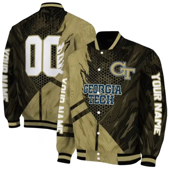 personalized georgia tech yellow jackets hexagon mesh gold black varsity jacket fashion forward.webp