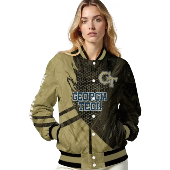 personalized georgia tech yellow jackets hexagon mesh gold black varsity jacket latest model.webp