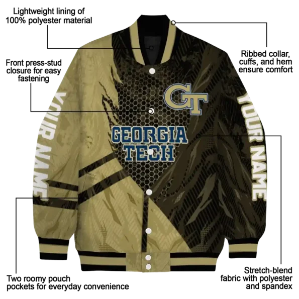 personalized georgia tech yellow jackets hexagon mesh gold black varsity jacket new arrival.webp