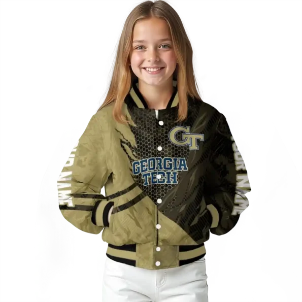 personalized georgia tech yellow jackets hexagon mesh gold black varsity jacket top rated.webp