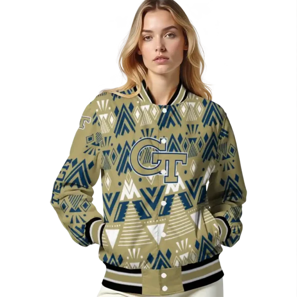 personalized georgia tech yellow jackets pyramid shapes gold varsity jacket latest model.webp