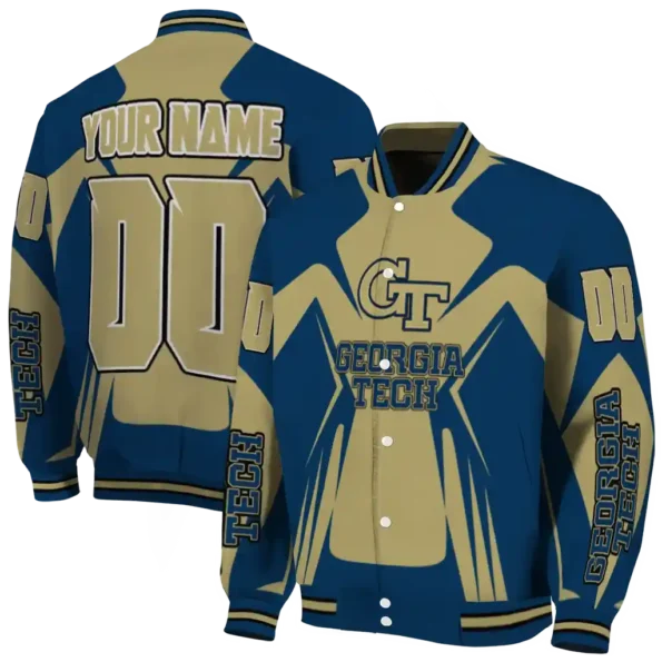 personalized georgia tech yellow jackets spider mark gold blue varsity jacket fashion forward.webp