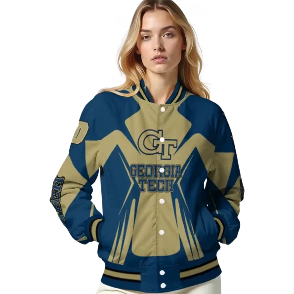personalized georgia tech yellow jackets spider mark gold blue varsity jacket latest model.webp