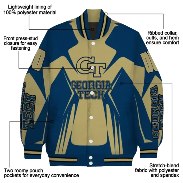 personalized georgia tech yellow jackets spider mark gold blue varsity jacket new arrival.webp