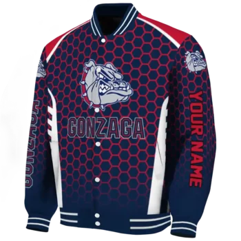personalized gonzaga bulldogs hexagon grid blue varsity jacket best selling.webp