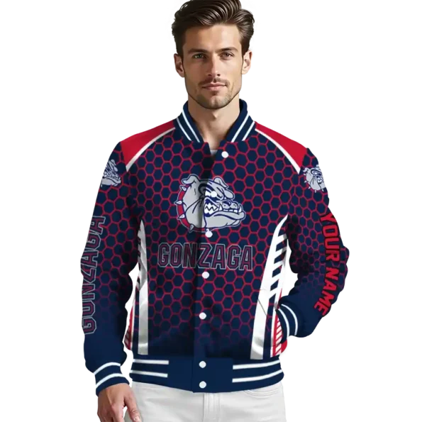 personalized gonzaga bulldogs hexagon grid blue varsity jacket high quality.webp