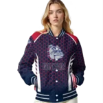 personalized gonzaga bulldogs hexagon grid blue varsity jacket best selling.webp
